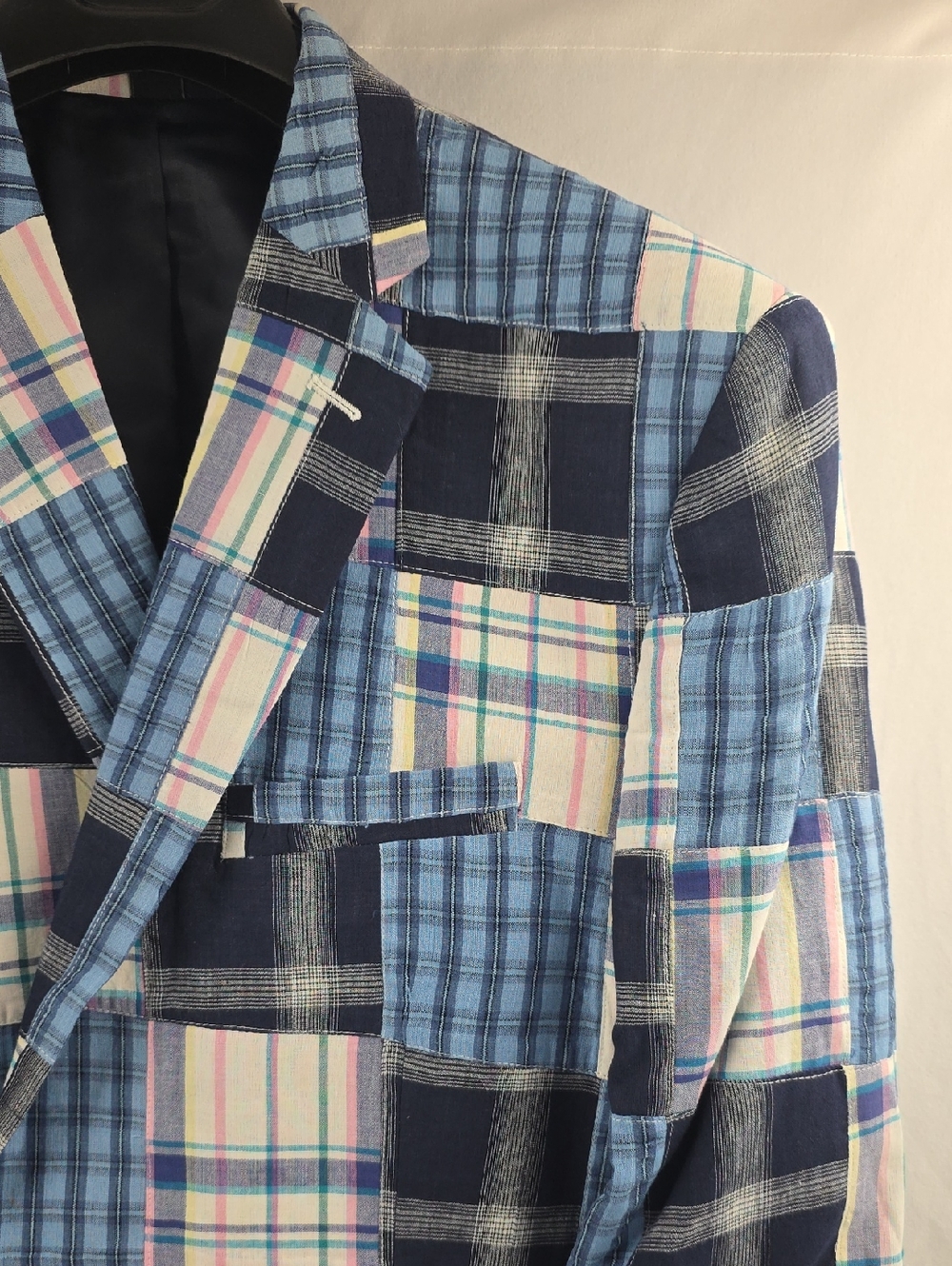 NWOT Blue Patchwork Plaid Check Mens Blazer / Sports Coat 100% Cotton Size 48L - Picture 4 of 6